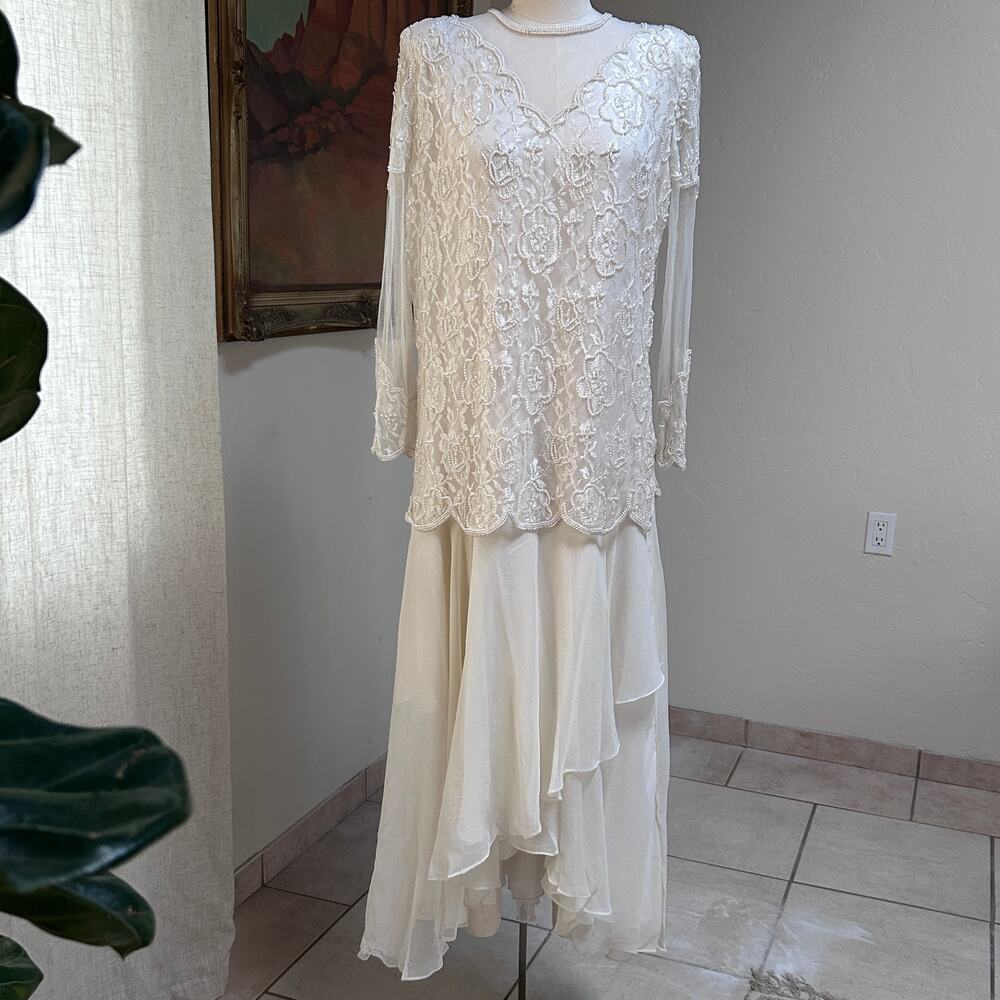 Vintage Beaded Lace Dress Ivory Ghost Bride Gothic Victorian Witchy Wedding M L
